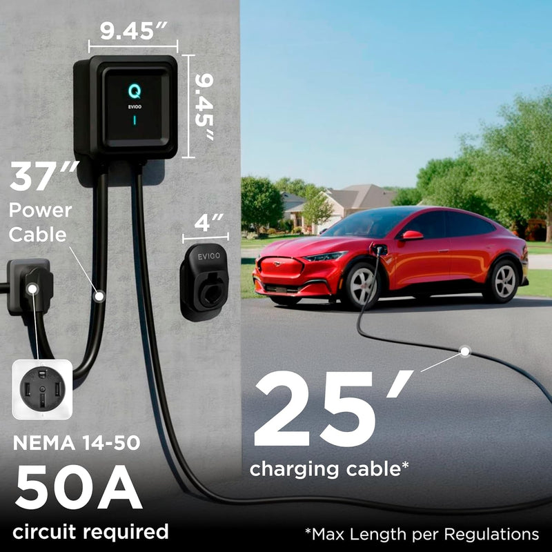 EVIQO Level 2 EV Charger 40A (9.6kW) NEMA 14-50 Plug-In | J1772 for Non-Tesla EVs