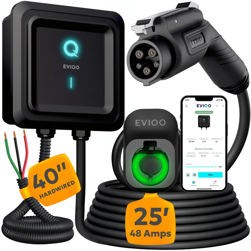 EVIQO Level 2 EV Charger, 48A (50A Max), 240V, Hardwired, J1772 for Non-Tesla EVs