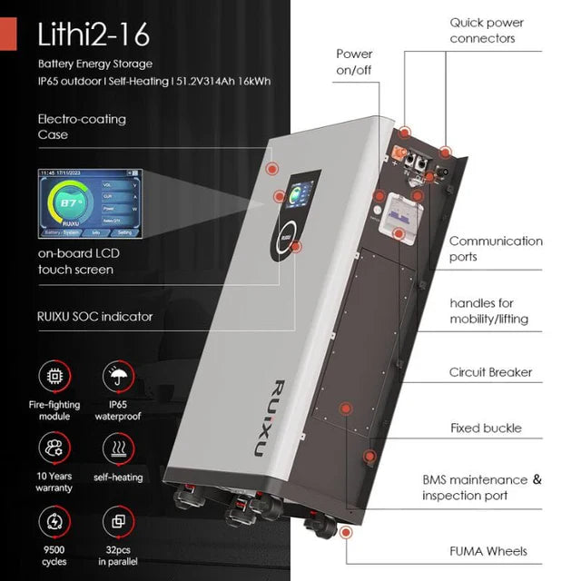 RUiXU Lithi2-16 | 16kWh Outdoor LiFePO4 Battery | IP65 Self-Heating | 51.2V