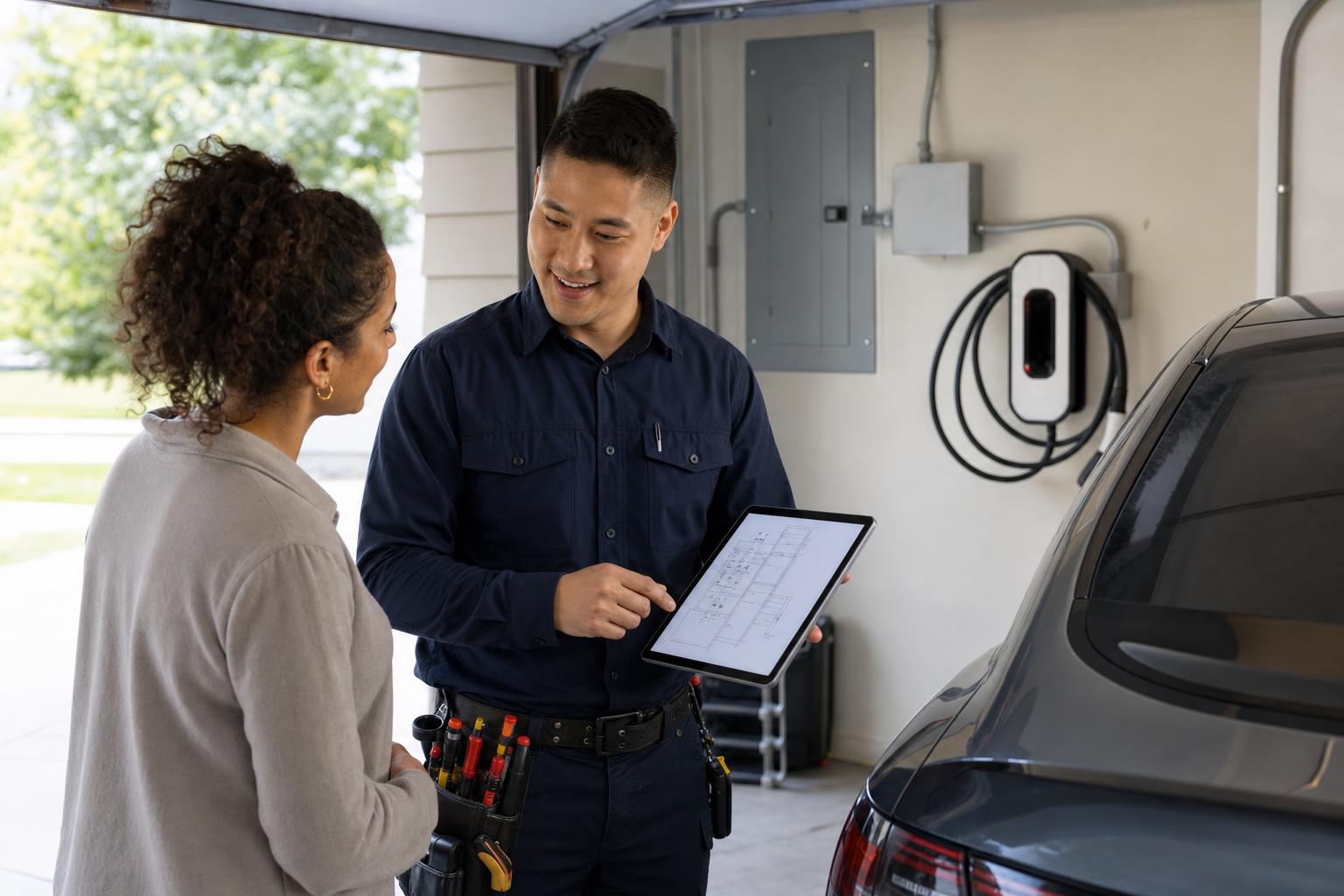Technician explaining something to a customer in front of an electric vehicle charging station.